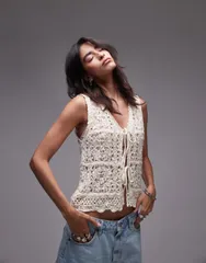 トップショップ レディース トップス ベスト ニット Topshop knit crochet look tie front vest in ecru part of a set Ecru エクリュ
