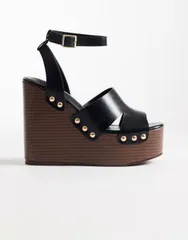 エイソス レディース シューズ サンダル カットアウト ASOS DESIGN Tamara cut out studded wedge sandals Black ブラックのサムネイル