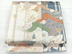 平和屋着物●本場筑前博多織　半幅帯　百合　田中利弘作　証紙付き　正絹　逸品　CABF5363hy 平和屋着物○本場筑前博多織 半幅帯 百合 田中利弘作 証紙付き 正絹