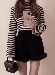 GRL ボーダー柄フレアスリーブリブニットトップス[k9086b] トップス ニット 春服 ボーダー 白 黒