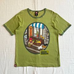 희귀 00s archive 아카이브 헌 옷 LEGO 공식 GREEN GROCER 레고 블록 야백가게 디자인 고양이 야채 양면 프린트 STREET SCAPE 로고 반소매 링거 T셔츠 트림 피스타치오 그린 L Y2K 스트리트 C-BOY