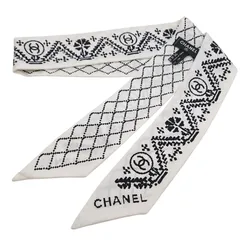 【美品】シャネル CHANEL ヘアバンド シルク スカーフ ツイリー ココマーク マトラッセ　白 黒のサムネイル