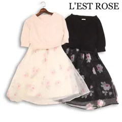 2枚セット♪ L'EST ROSE レストローズ 春夏★ 長袖 花柄 ニット シフォン 切替 ワンピース Sz.M レディース 黒