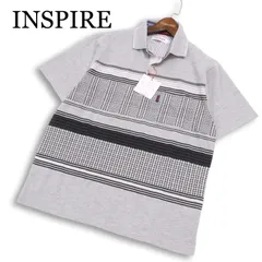 【新品 未使用】 INSPIRE インスパイア 春夏★ 半袖 鹿の子 チェック ボーダー ポロシャツ Sz.L メンズ 灰 グレーのサムネイル