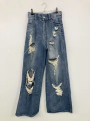 Chico チコ デニムパンツ 1 ブルー フルレングス 無地 ワイド・ルーズ フレア・ブーツカット ハイウエスト クラッシュ・ダメージ ヴィンテージ