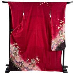 豪華刺繍 正絹縮緬 振袖 紫 黒ぼかし 花文様 銀彩 成人式 結婚式