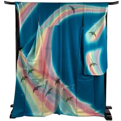 振袖 身丈171cm 裄丈68cm L 袷 鶴 虹 銀通し ぼかし 青緑 正絹 秀品 【中古】