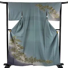 【美品】 訪問着 身丈162cm 裄丈65cm M 袷 笠松 鶴 金銀彩 ぼかし 青灰色 正絹 秀品 【中古】のサムネイル