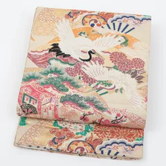 特価！アンティーク 丸帯 帯丈362cm 正絹 全通 鶴 御所解 クリーム系 1242-00439のサムネイル