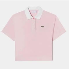 希少 LACOSTE レディース スタンドカラーバンドカラー5分袖ポロシャツ