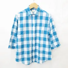 カンタベリー CANTERBURY WOOD シャツ カジュアル 七分袖 綿 リネン チェック 青 白 ブルー ホワイト Lのサムネイル