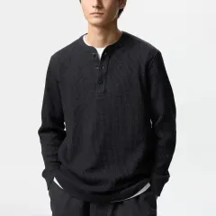 新品 UNIQLO ワッフル ヘンリーネック 長袖 Tシャツ ブラック XL