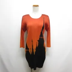 プリーツプリーズ PLEATS PLEASE ISSEY MIYAKE 長袖 プリーツ ワンピース お城 キャッスル 3 オレンジブラウン PP91-JK504 グラデーション プリント 日本製 イッセイミヤケのサムネイル