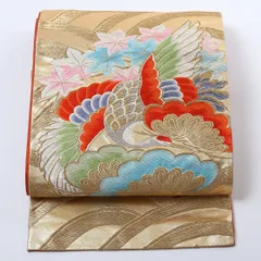 特価！袋帯 帯丈412cm 正絹 六通 フォーマル 唐織 鶴 光悦垣 笠松 金箔 金系 1243-00830
