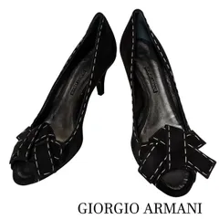 ジョルジオアルマーニ GIORGIO ARMANI ステッチデザイン ブラックスエードリボン オープントゥパンプスのサムネイル