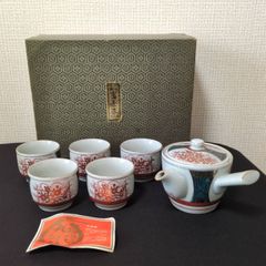 未使用 有田焼 赤 金彩 古伊万里 急須 湯呑み 5客 茶器セット 昭和