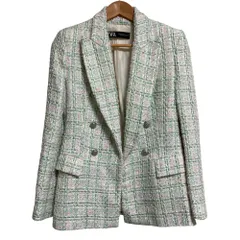 美品 ZARA ザラ ツイードチェック ダブルジャケット サイズXS グリーン レディース 古着 中古 USED