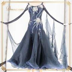 社交ダンス 競技用ラテンドレス サファイアブルー 薔薇の飾り5箇所 