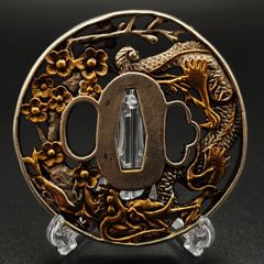 刀鍔 桜と龍図 鍔立付 XG174 鍔 銅地 細工 金銀メッキ 日本刀装具
