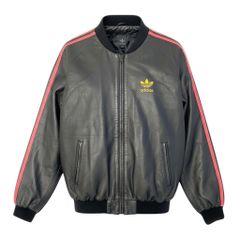adidas レザージャケット L 黒 赤ストライプ - メルカリ