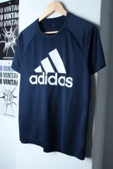 (L) adidas アディダス 半袖 Tシャツ 機能性 ビックロゴ ネイビー-75BD