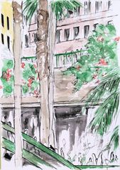 原画#502 黒猫 猫 ロサンゼルス 水彩画 ドローイング インテリア 風景