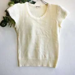 美品✨ イマージュ IMAGE ニット カットソー アイボリー ウール混 半袖 アクリル フェミニン 薄手 ナチュラル 上品 無地 シンプル 丸首 クルーネック 柔らか 伸縮 清楚