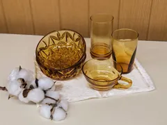 アンバーのグラスやガラスボウル*琥珀*飴色*ヴィンテージガラス食器*昭和レトロ*ミッドセンチュリー*モダン*蚤の市*＊mdd26317
