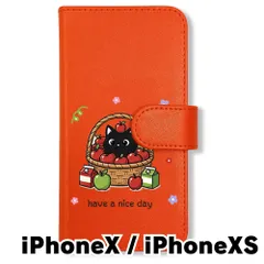 【新品未使用】 iPhone X iPhone XS 手帳型スマホ ケース カバー (色：オレンジ×黒ねこ) 黒ねこ フルーツ リンゴ アニマル flip2-iphonex-or-419