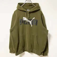 puma プーマ　長袖ロゴプリントパーカー　フード付きスウェット　プルオーバー　カーキ　Mサイズ　古着【値引き交渉OK！】