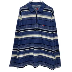 90s～ TOMMY HILFIGER 長袖 ポロシャツ XL ブルー トミーヒルフィガー ハーフジップ 90年代 ボーダー柄 ロゴ刺繍 春物 a805-5300