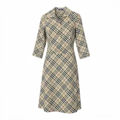 46e11 BURBERRY LONDON BLUE LABEL バーバリー ブルーレーベル ノバチェック オープンカラーシャツワンピース 七分袖 ストレッチ素材 サイズ38 ベージュ レディース 女性服o07t