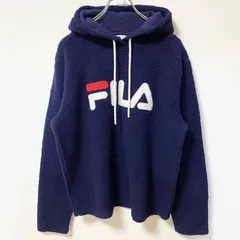 FILA　フィラ　フリースパーカー/フーディー　ワッペン　デカロゴ　シンプル　紺　ネイビー　Ｌサイズ　古着【値引き交渉OK！】