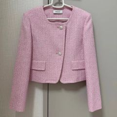 shéller ツイード ノーカラージャケット ピンク チェック - メルカリ