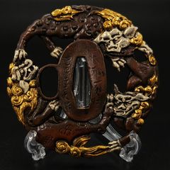 刀鍔 団獅子図 鍔立付 XG282 鍔 銅地 細工 金銀メッキ 日本刀装具