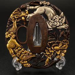 刀鍔 牡丹獅子図 鍔立付 XG283 鍔 銅地 細工 金銀メッキ 日本刀装具