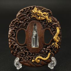 刀鍔 兜と龍桜図 鍔立付 XG296 鍔 銅地 細工 金銀メッキ 日本刀装具