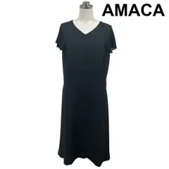 ◇ アマカ AMACA ワンピース 半袖 ミモレ丈  フレア シフォン フレンチスリーブ Vネック 黒 ブラック S～M 7～9号 レディース S6E119のサムネイル