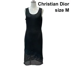 ●□ クリスチャンディオール Dior メッシュニット ワンピース ノースリーブ ミモレ丈 コード刺繍 シアー 黒 綿混 M 9号 レディース Z6C721のサムネイル