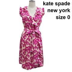 □ ケイトスペードニューヨーク kate spade ロングワンピース カシュクール ノースリーブ プリント ピンク白 絹 0 XS レディース Z6C484