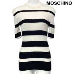◇ モスキーノ MOSCHINO ウール100% クチュール ボーダーリブニット クルーネック 五分袖 伸縮性 白 黒 表記無し S 7号 レディース S6E093のサムネイル