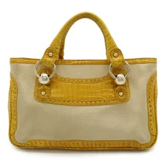 CELINE セリーヌ マカダム ブギーバッグ ハンドバッグ クロコ調 レザー キャンバス イエロー 黄色 ナチュラル シルバー金具 
