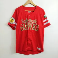 2014年 福岡ソフトバンクホークス 鷹の祭典 ベースボールシャツ レッド メンズL 応援ユニフォーム プロ野球 NPB 半袖 メッシュ ユニホーム 観戦グッズ スポーツウェア 福岡ダイエーホークス 黄色 赤 白 ラインデザイン 古着 E144