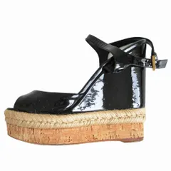 GUCCI グッチ サンダル パテントレザー ウェッジソール エスパドリーユ シューズ アンクルストラップ ブラック 36 23cm レディース 【中古】