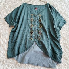noa-ge リネン素材麻100%お野菜の刺繍が可愛い ダークグリーンブラウス 