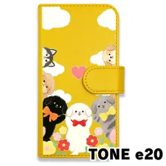 【新品未使用】 TONE e20 手帳型スマホ ケース カバー (色：イエロー×ワンちゃん達) 犬 仲間たち イラスト 青空 花 ハート 可愛い おしゃれ flip2-tonee20-ye-455