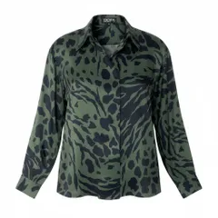 23e11【未使用タグ付】 ESCADA エスカーダ ロングスリーブ シルクシャツ 総柄プリント トップス サイズ38 ダークグリーン ブラック シルク100％ レディース 女性用u02tのサムネイル