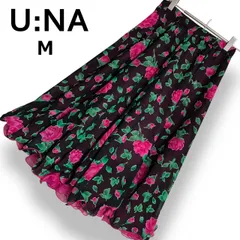 【美品】U:NA ユーナ 社交ダンス フレアスカート ブラック×ピンク 薔薇柄 チャック 裾フリル ウエストゴム ポリエステル100% UNA フラメンコ バラ花柄 エレガント ミディ丈 ロングスカート 発表会 ダンス衣装 レディース【M】2605008AP