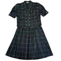 Leilian レリアン ワンピース セットアップ 半袖 ダブルジャケット スカート パールボタン パフスリーブ ウィンドウペン 格子柄 プリーツ フレア Aライン ブラック 黒 ウール レトロヴィンテージ系 フレンチガーリー系 大きいサイズ XLサイズ