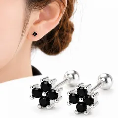 極小 ネジ式ピアス ブラックフラワー シルバー 小粒 ミニ 花 ピアス つけっぱなし 小さめ スタッド 両耳用 レディース